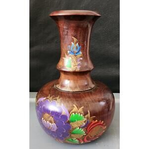 VASE-WOOD- Hand Carved-Hand Painted-Caribbean Art Style-10" TALL